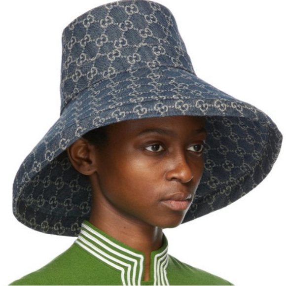 Gucci Denim GG Monogram Bucket Hat in Wide Large Brim Navy Sun Beach Coverage - Picture 5 of 14